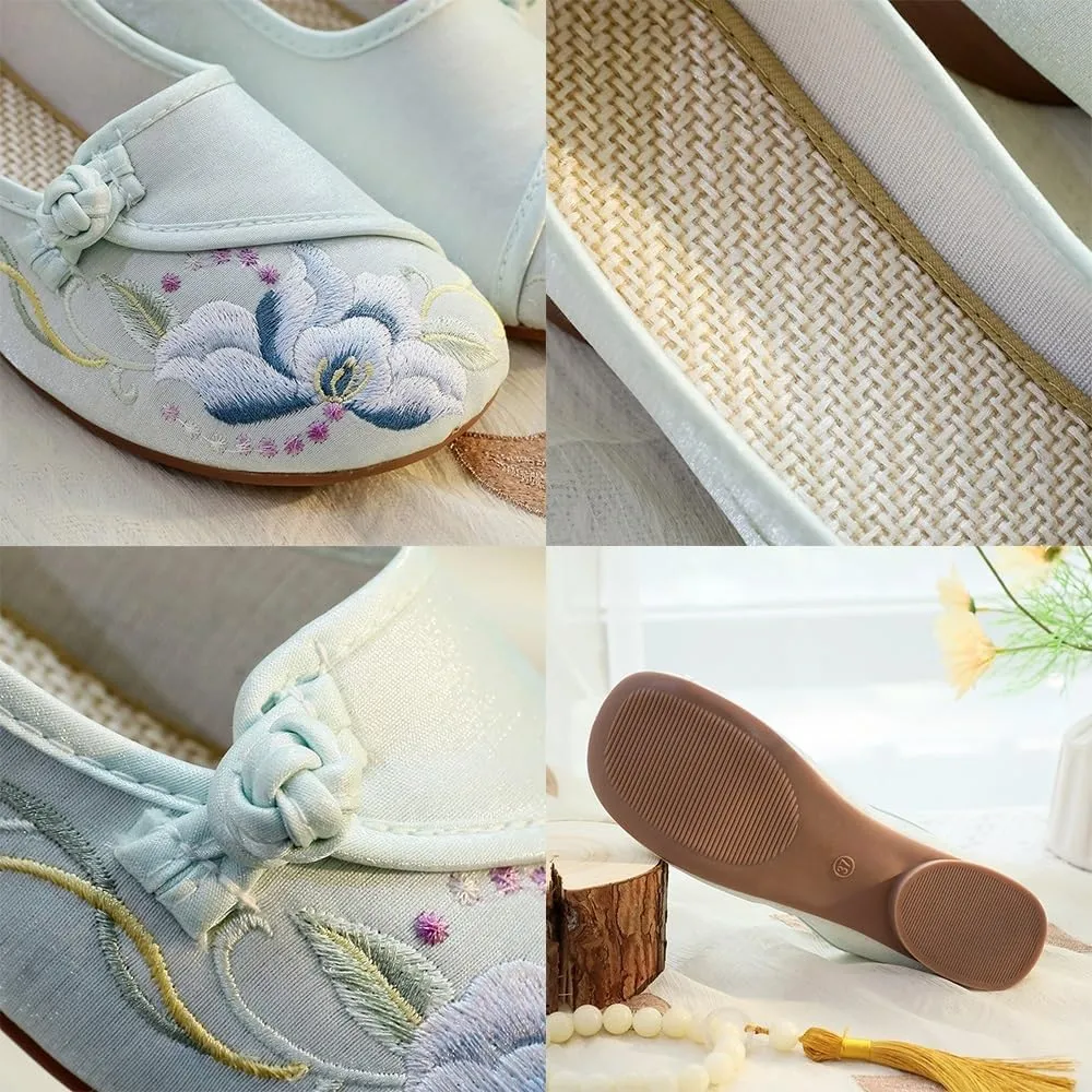 2025 Elegant Floral Handmade Embroidered Shoes for Women Retro Classic Mary Jane Shoes Traditional Chinese Style Cheongsam Hanfu Shoes Casual Walking Shoes(White,7.5)