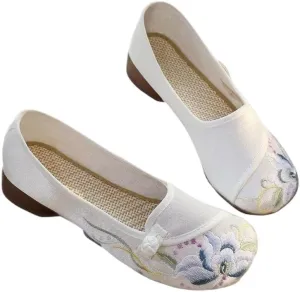 2025 Elegant Floral Handmade Embroidered Shoes for Women Retro Classic Mary Jane Shoes Traditional Chinese Style Cheongsam Hanfu Shoes Casual Walking Shoes(White,7.5)