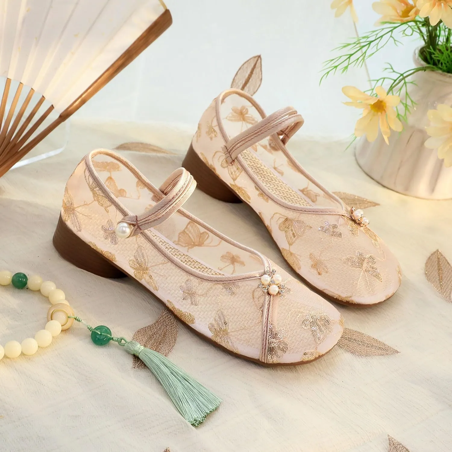 2025 Women's Breathable Mesh Elegant Embroidered Flower Shoes Chinese Style Cheongsam Hanfu Shoes Casual Ankle Strap Shoes Comfort Low Heel Work Walking Shoes(Champagne,7)