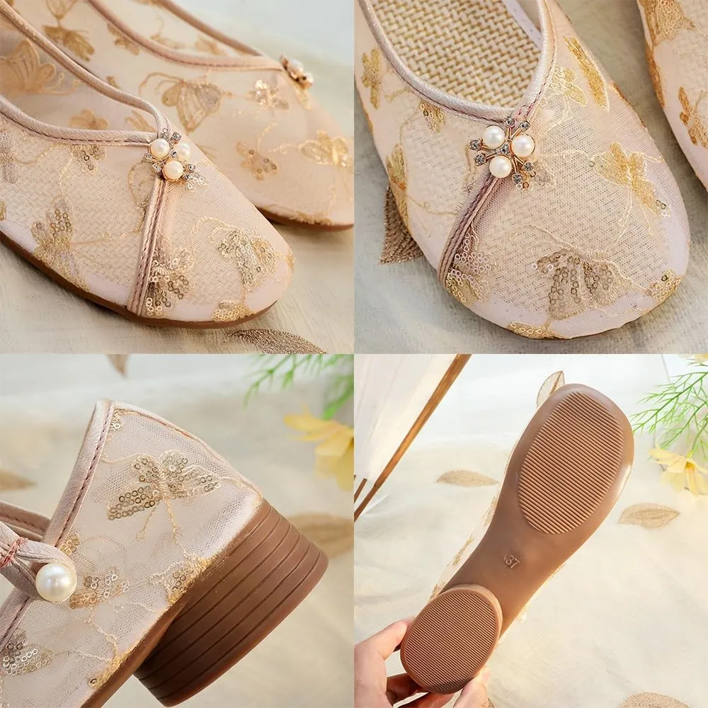 2025 Women's Breathable Mesh Elegant Embroidered Flower Shoes Chinese Style Cheongsam Hanfu Shoes Casual Ankle Strap Shoes Comfort Low Heel Work Walking Shoes(Champagne,7)