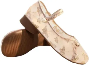 2025 Women's Breathable Mesh Elegant Embroidered Flower Shoes Chinese Style Cheongsam Hanfu Shoes Casual Ankle Strap Shoes Comfort Low Heel Work Walking Shoes(Champagne,7)