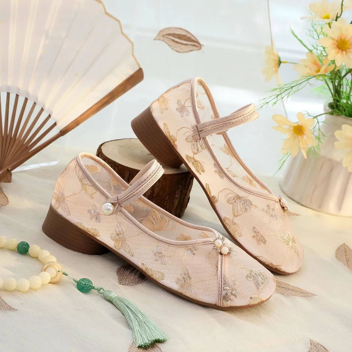 2025 Women's Breathable Mesh Elegant Embroidered Flower Shoes Chinese Style Cheongsam Hanfu Shoes Casual Ankle Strap Shoes Comfort Low Heel Work Walking Shoes(Champagne,7)