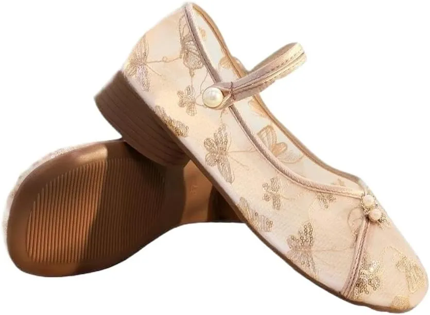 2025 Women's Breathable Mesh Elegant Embroidered Flower Shoes Chinese Style Cheongsam Hanfu Shoes Casual Ankle Strap Shoes Comfort Low Heel Work Walking Shoes(Champagne,7)