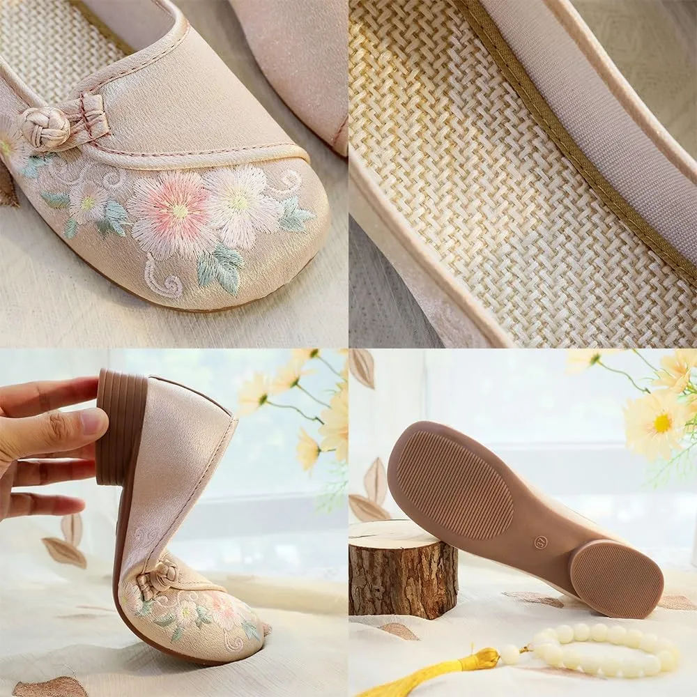 2025 Women's Chinese Style Floral Handmade Embroidered Shoes Retro Classic Mary Jane Low Heel Shoes Elegant Cheongsam Hanfu Shoes Casual Walking Shoes(White,7.5)