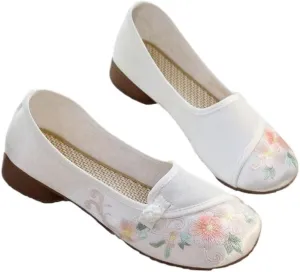 2025 Women's Chinese Style Floral Handmade Embroidered Shoes Retro Classic Mary Jane Low Heel Shoes Elegant Cheongsam Hanfu Shoes Casual Walking Shoes(White,7.5)