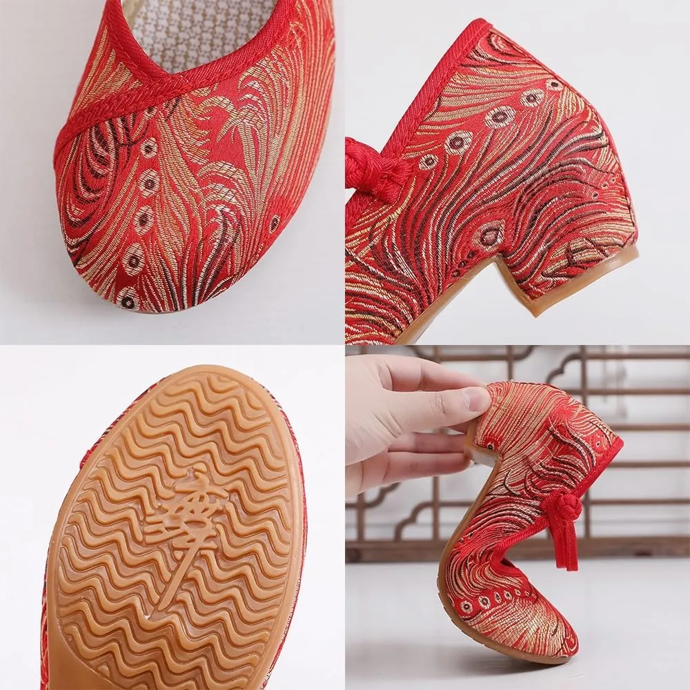 2025 Women's Ethnic Style Embroidered Shoes Casual Ankle Strap Shoes Lightweight Comfort Low Heel Work Walking Shoes Chinese Style Cheongsam Hanfu Shoes(Red,7)