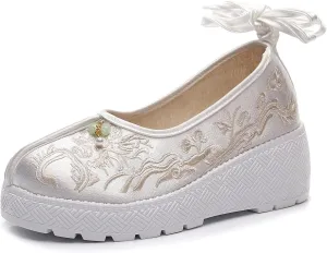 2025 Women's Exquisite Floral Handmade Embroidered Hanfu Shoes Retro Classic Thick-Soled Cheongsam Shoes Chinese Traditional Style Elegant Lace-up Shoes(B,5.5)