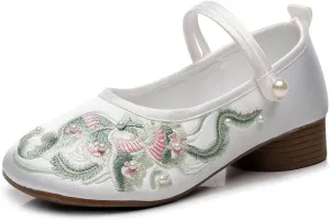 2025 Women's Silk Satin Handmade Embroidered Shoes Elegant Chinese Style Cheongsam Hanfu Shoes Lightweight Comfort Low Heel Work Walking Shoes Mary Jane Shoes(Green,6)