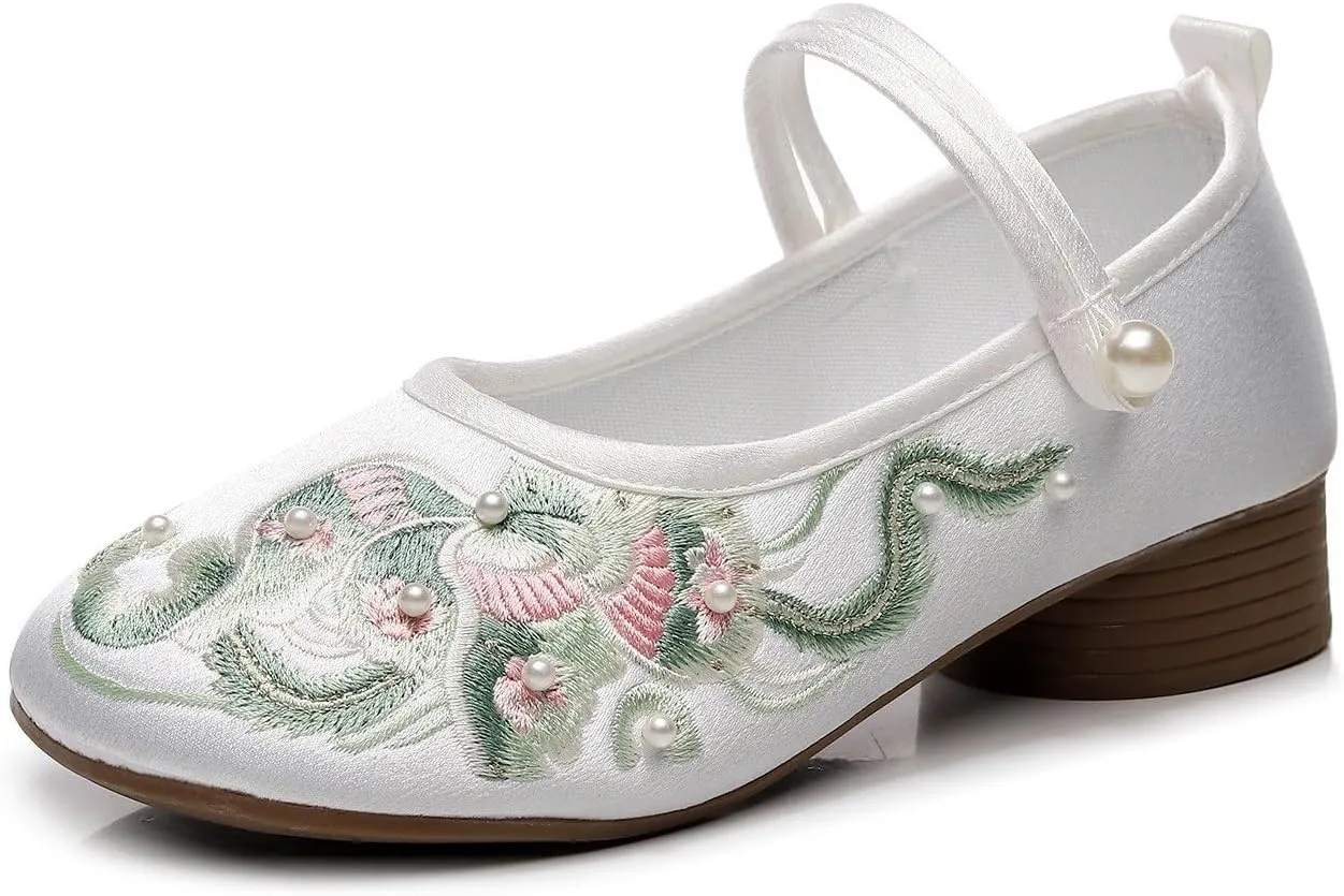 2025 Women's Silk Satin Handmade Embroidered Shoes Elegant Chinese Style Cheongsam Hanfu Shoes Lightweight Comfort Low Heel Work Walking Shoes Mary Jane Shoes(Green,6)