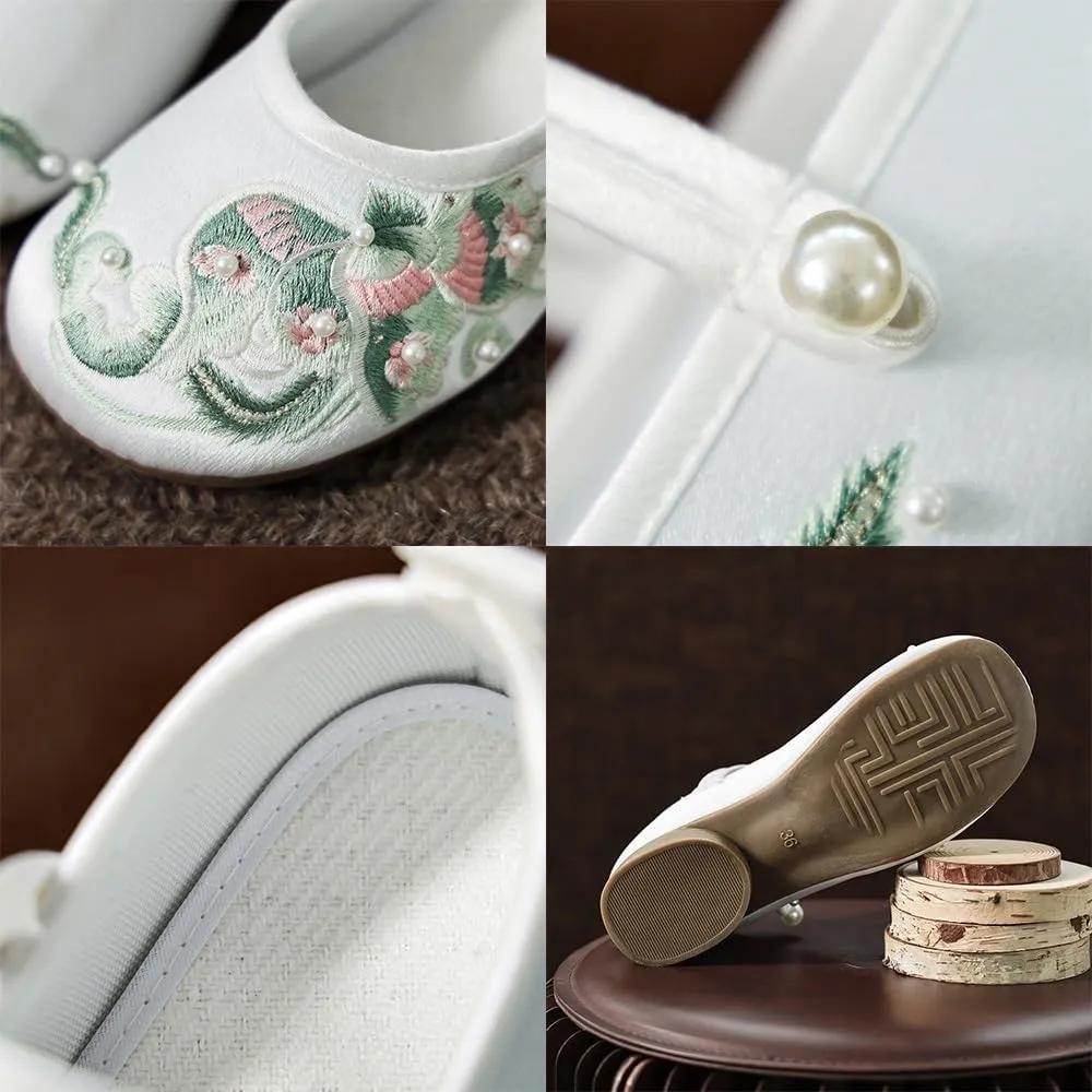 2025 Women's Silk Satin Handmade Embroidered Shoes Elegant Chinese Style Cheongsam Hanfu Shoes Lightweight Comfort Low Heel Work Walking Shoes Mary Jane Shoes(Green,6)