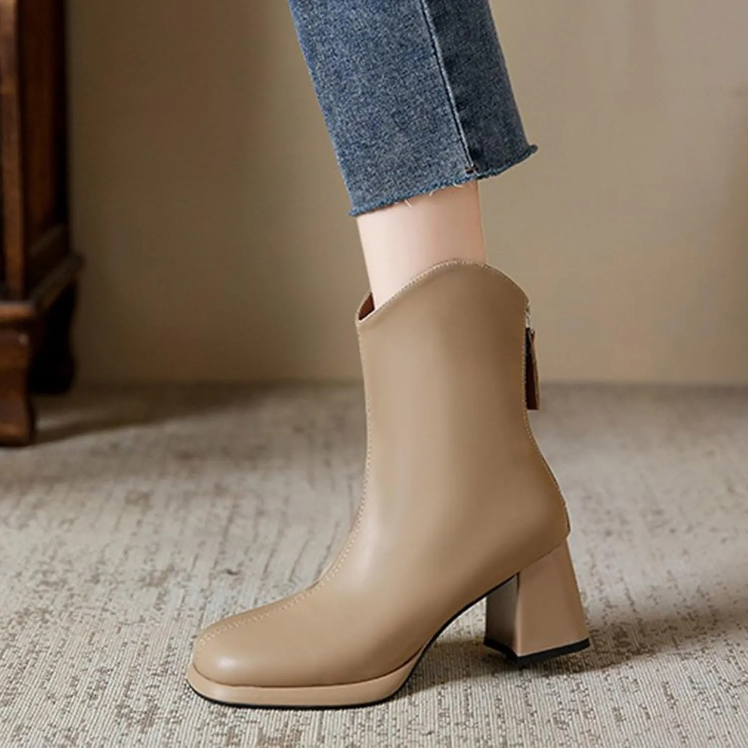 Ankle Boots for Women Comfy Mid Calf Boots for Women Back Zipper Plus Size Chunky Boots Temperament Fashion Boots