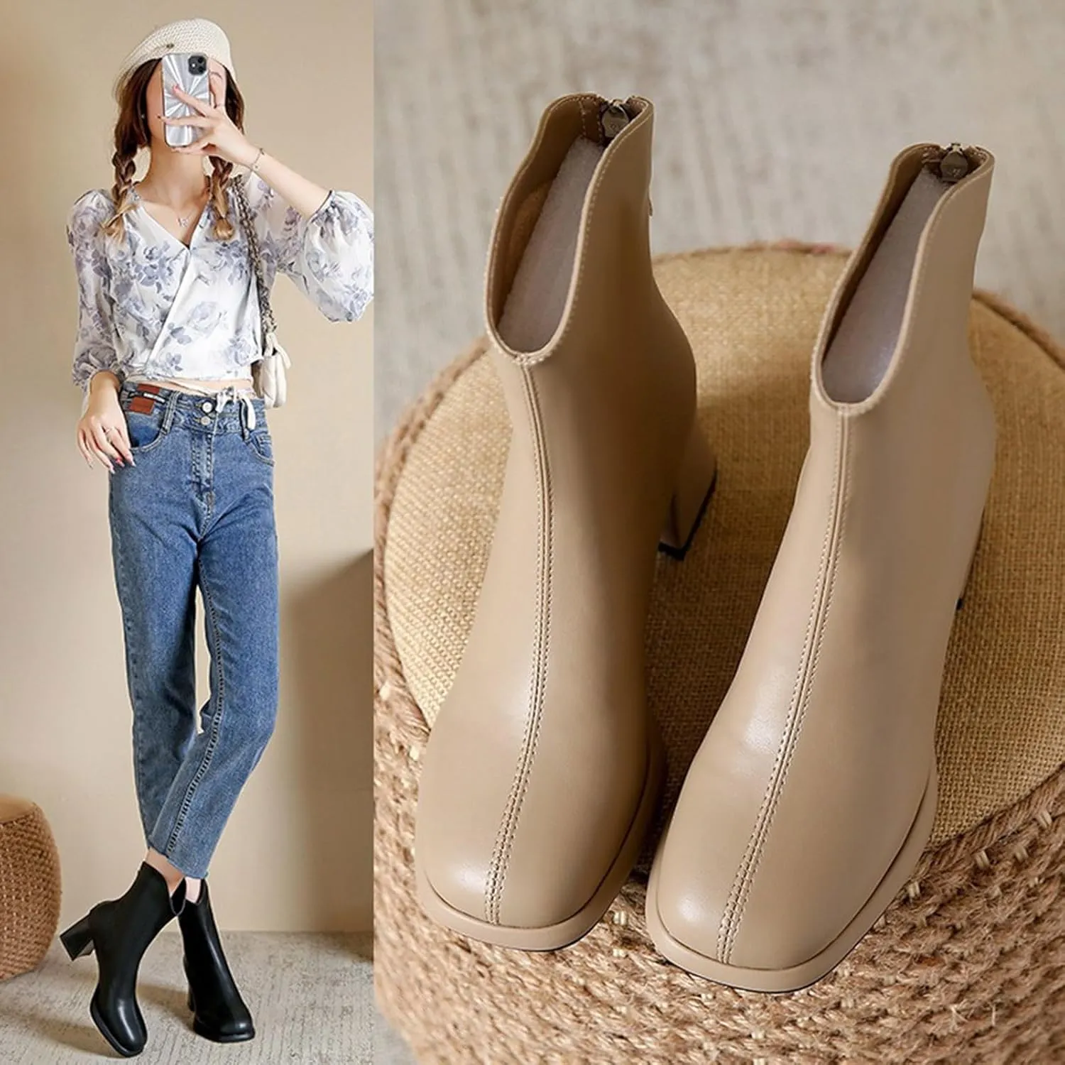 Ankle Boots for Women Comfy Mid Calf Boots for Women Back Zipper Plus Size Chunky Boots Temperament Fashion Boots