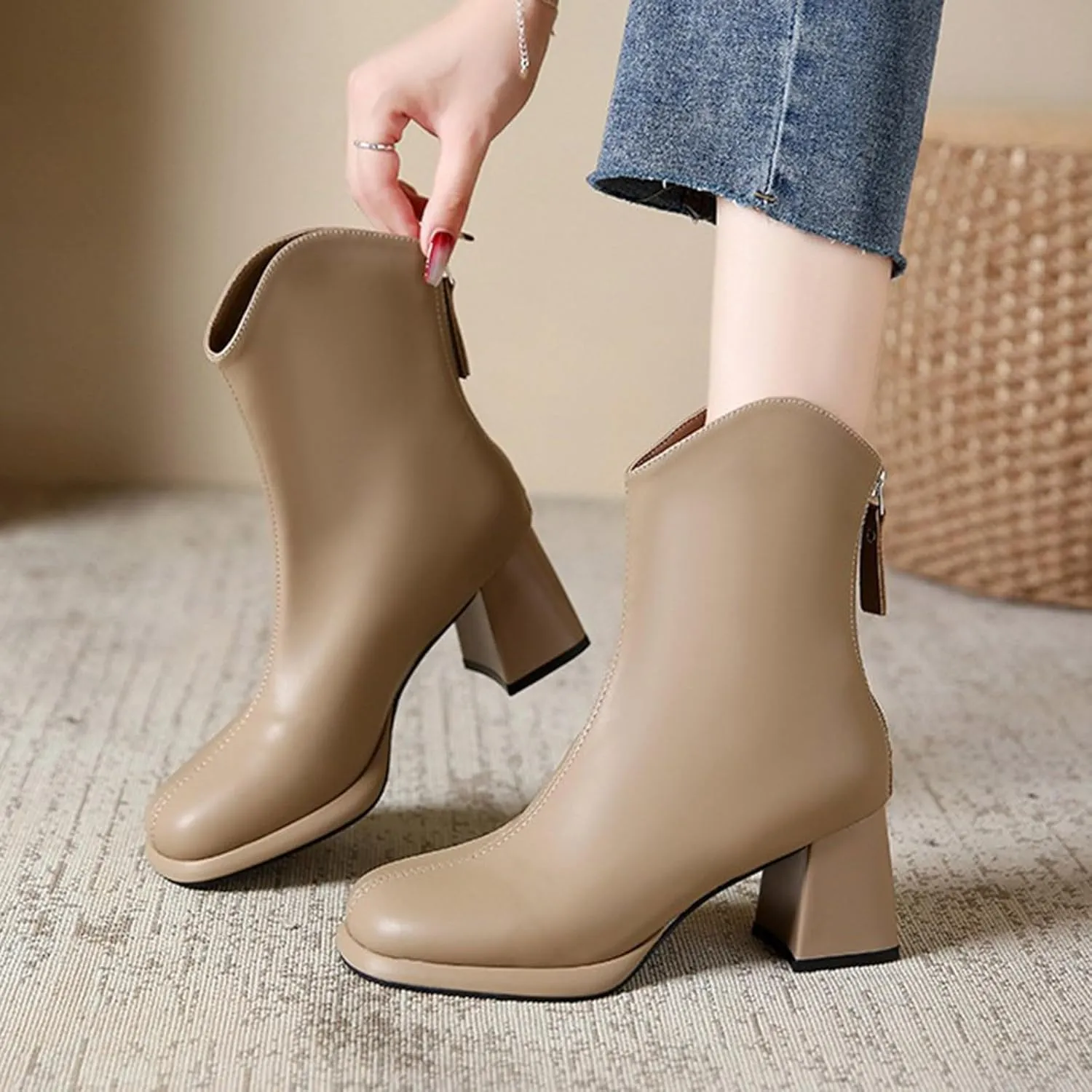Ankle Boots for Women Comfy Mid Calf Boots for Women Back Zipper Plus Size Chunky Boots Temperament Fashion Boots
