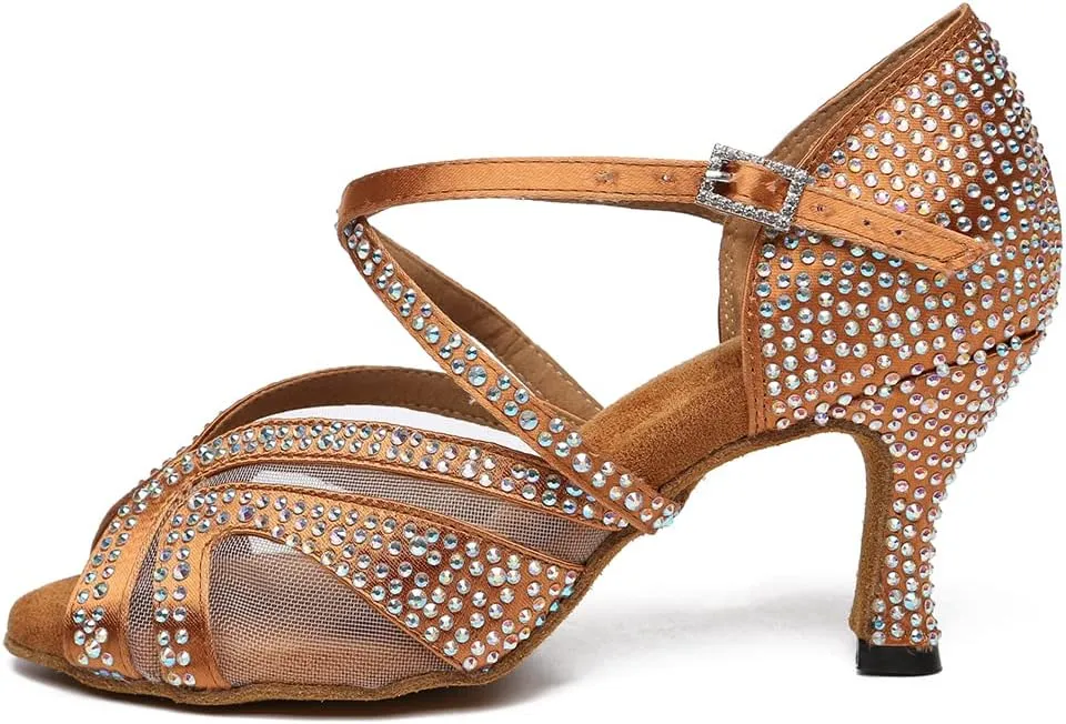 AOQUNFS Rhinestones Ballroom Dance Shoes Women Latin Salsa Practice Performance Dancing Shoes,Model L490