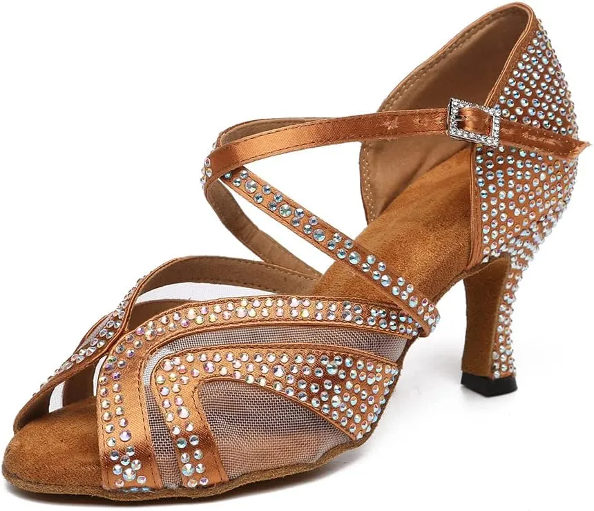AOQUNFS Rhinestones Ballroom Dance Shoes Women Latin Salsa Practice Performance Dancing Shoes,Model L490