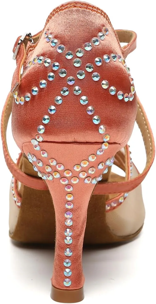 AOQUNFS Rhinestones Latin Dance Shoes Mesh Ballroom Salsa Practice Performance Dance Shoes for Women