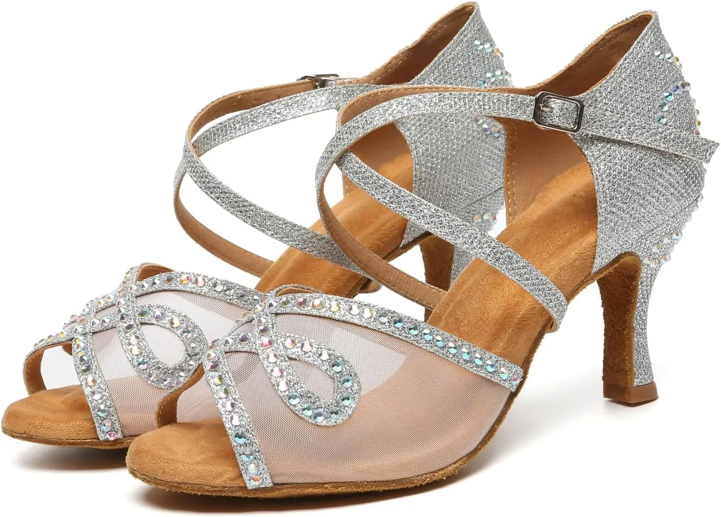 AOQUNFS Rhinestones Latin Dance Shoes Mesh Ballroom Salsa Practice Performance Dance Shoes for Women
