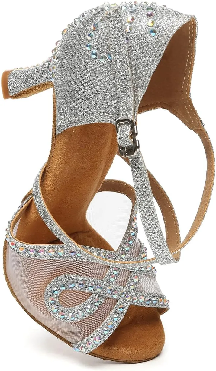 AOQUNFS Rhinestones Latin Dance Shoes Mesh Ballroom Salsa Practice Performance Dance Shoes for Women