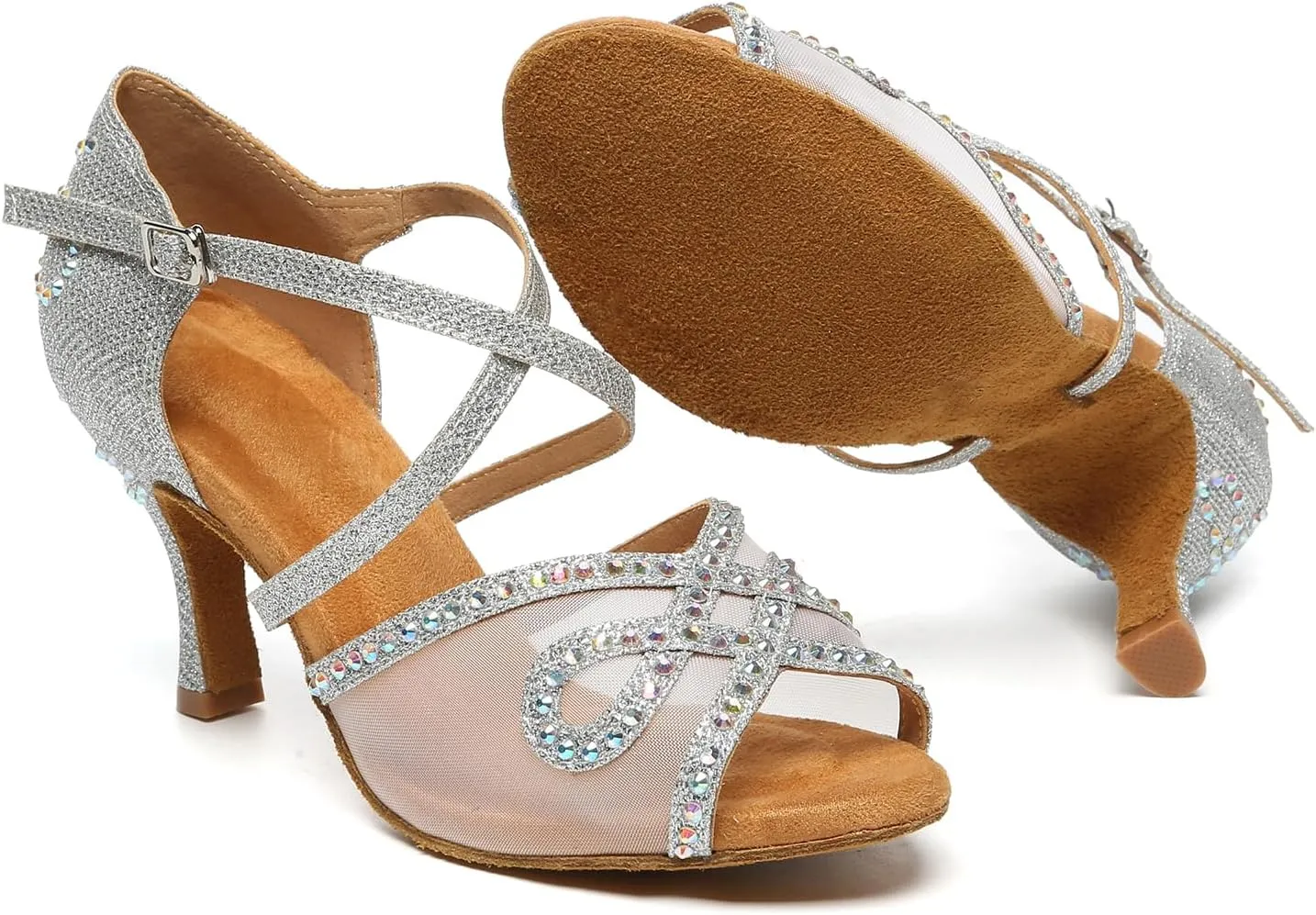 AOQUNFS Rhinestones Latin Dance Shoes Mesh Ballroom Salsa Practice Performance Dance Shoes for Women