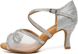AOQUNFS Rhinestones Latin Dance Shoes Mesh Ballroom Salsa Practice Performance Dance Shoes for Women