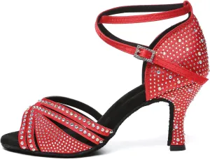 AOQUNFS Rhinestones Latin Dance Shoes Satin Ballroom Salsa Practice Performance Dance Shoes for Women
