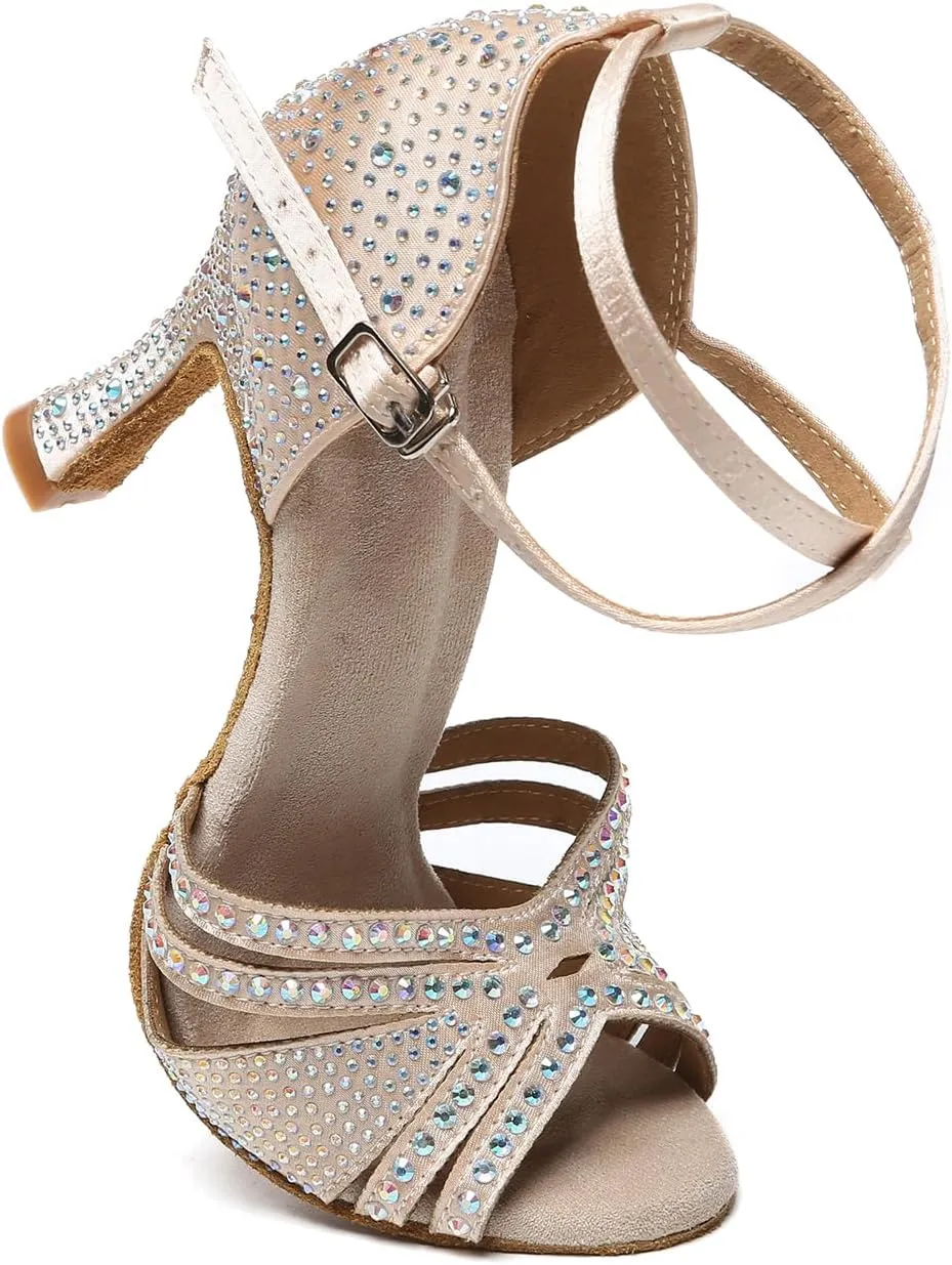 AOQUNFS Rhinestones Latin Dance Shoes Satin Ballroom Salsa Practice Performance Dance Shoes for Women