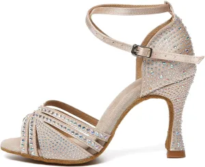 AOQUNFS Rhinestones Latin Dance Shoes Satin Ballroom Salsa Practice Performance Dance Shoes for Women