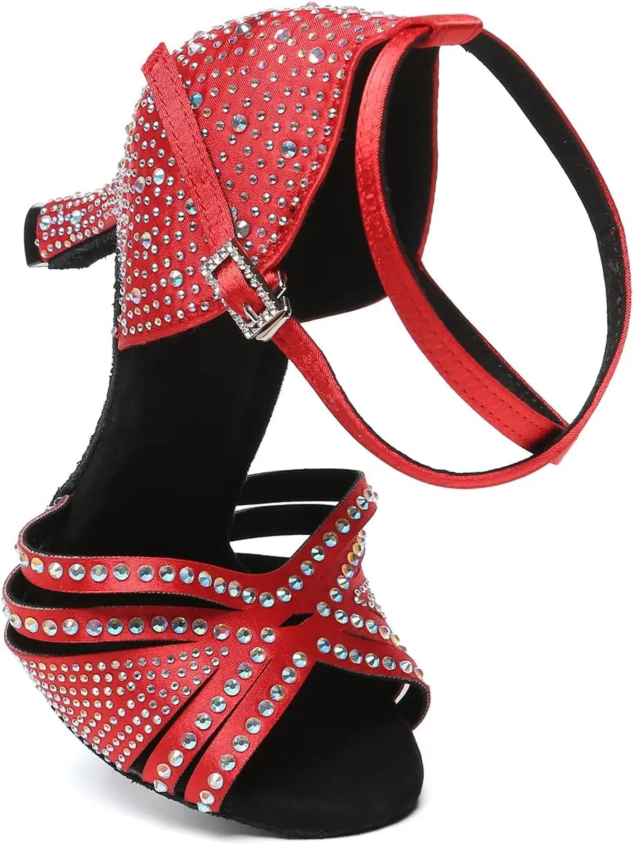 AOQUNFS Rhinestones Latin Dance Shoes Satin Ballroom Salsa Practice Performance Dance Shoes for Women