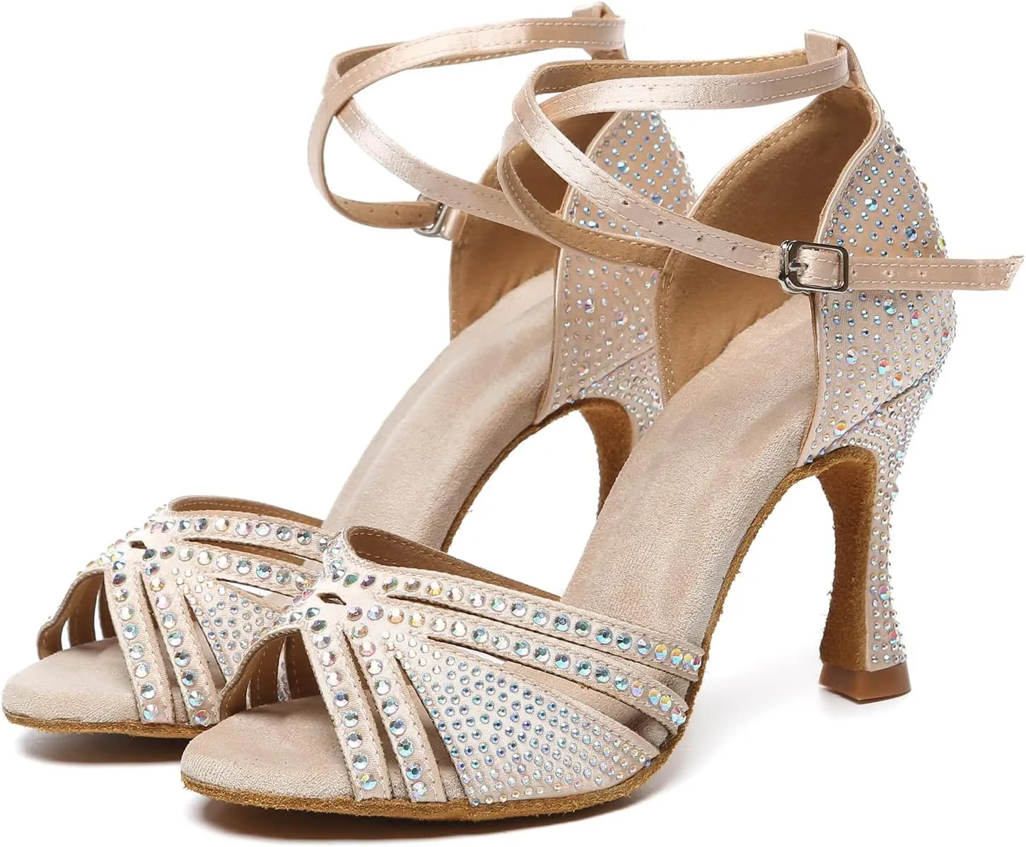 AOQUNFS Rhinestones Latin Dance Shoes Satin Ballroom Salsa Practice Performance Dance Shoes for Women