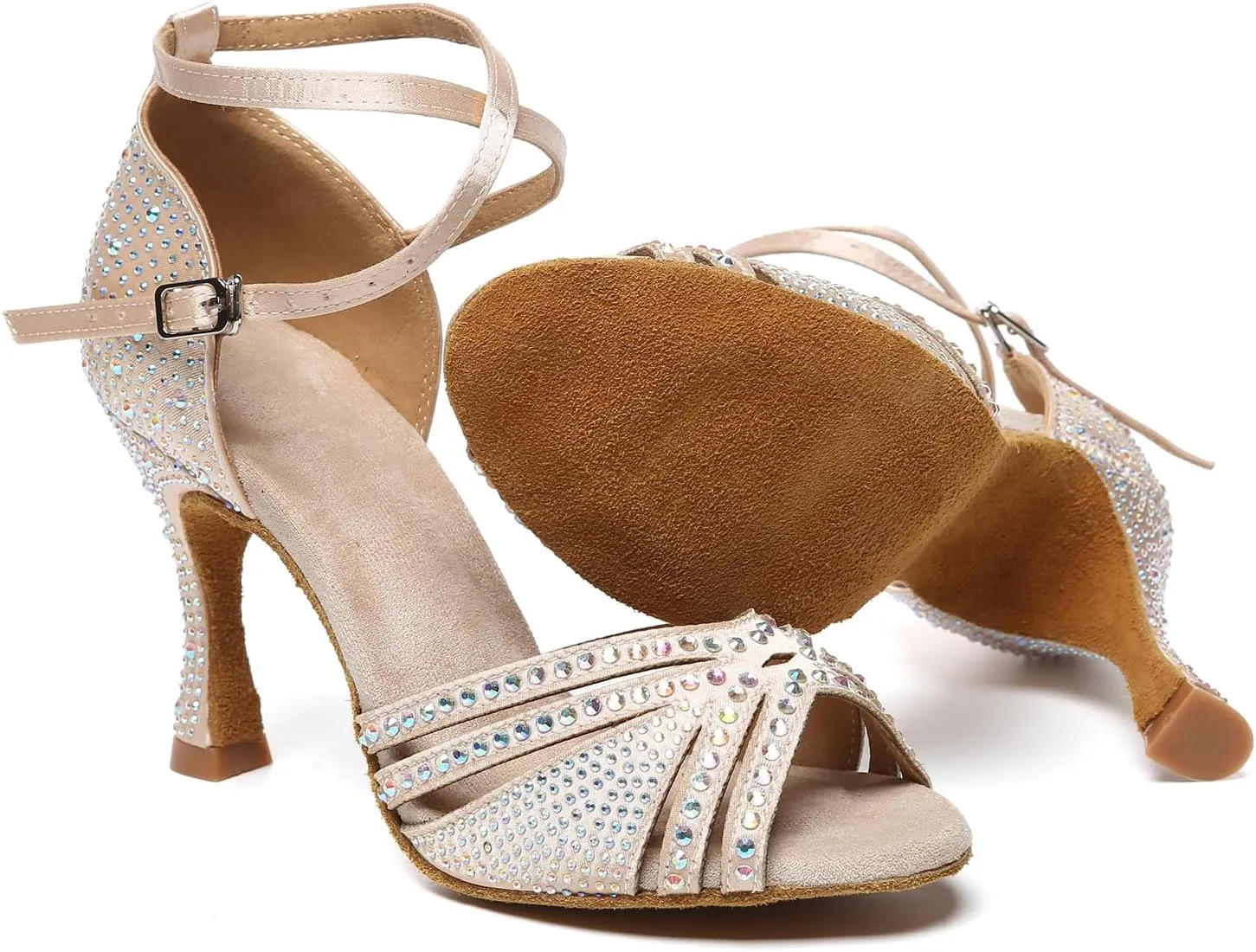 AOQUNFS Rhinestones Latin Dance Shoes Satin Ballroom Salsa Practice Performance Dance Shoes for Women