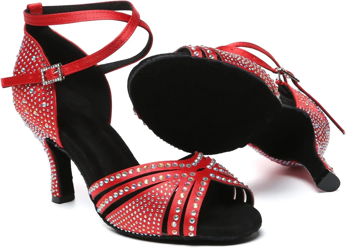 AOQUNFS Rhinestones Latin Dance Shoes Satin Ballroom Salsa Practice Performance Dance Shoes for Women