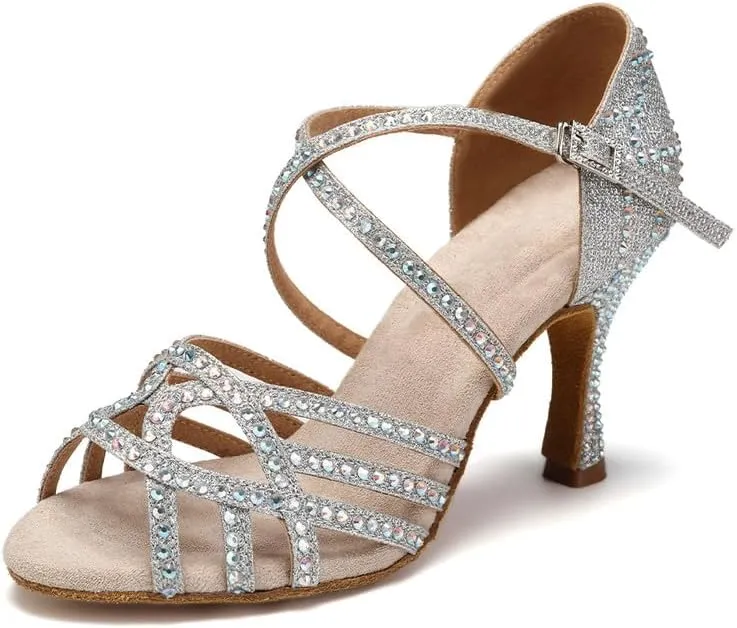 AOQUNFS Women Ballroom Dance Shoes Rhinestones Latin Salsa Practice Performance Dance Shoes,Model L483