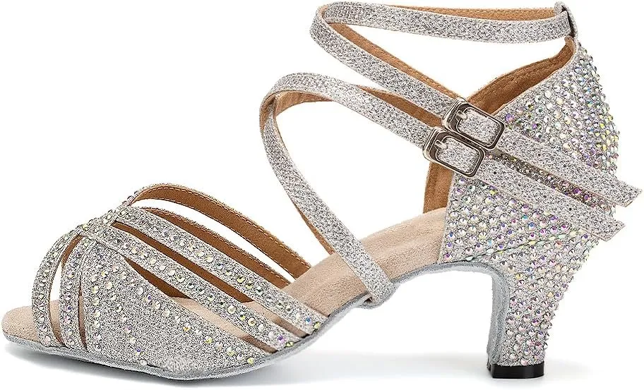 AOQUNFS Women Ballroom Dance Shoes Rhinestones Latin Salsa Practice Performance Dancing Shoes,Model D27-6cm