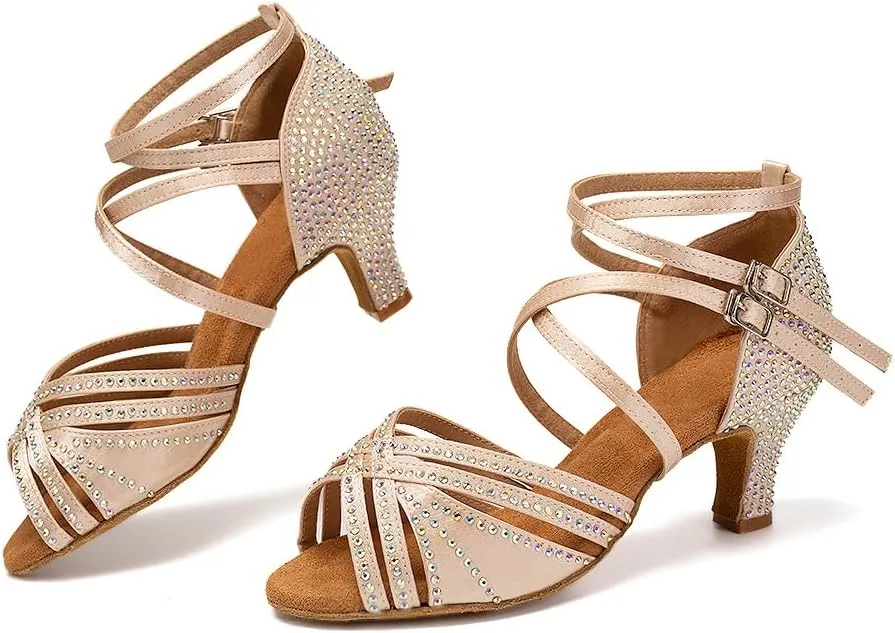 AOQUNFS Women Ballroom Dance Shoes Rhinestones Latin Salsa Practice Performance Dancing Shoes,Model D27-6cm