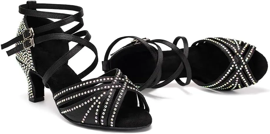 AOQUNFS Women Ballroom Dance Shoes Rhinestones Latin Salsa Practice Performance Dancing Shoes,Model D27-6cm