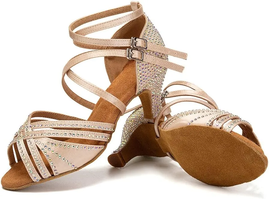 AOQUNFS Women Ballroom Dance Shoes Rhinestones Latin Salsa Practice Performance Dancing Shoes,Model D27-6cm