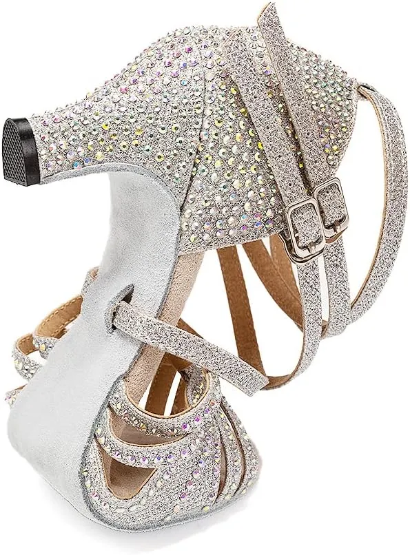 AOQUNFS Women Ballroom Dance Shoes Rhinestones Latin Salsa Practice Performance Dancing Shoes,Model D27-6cm