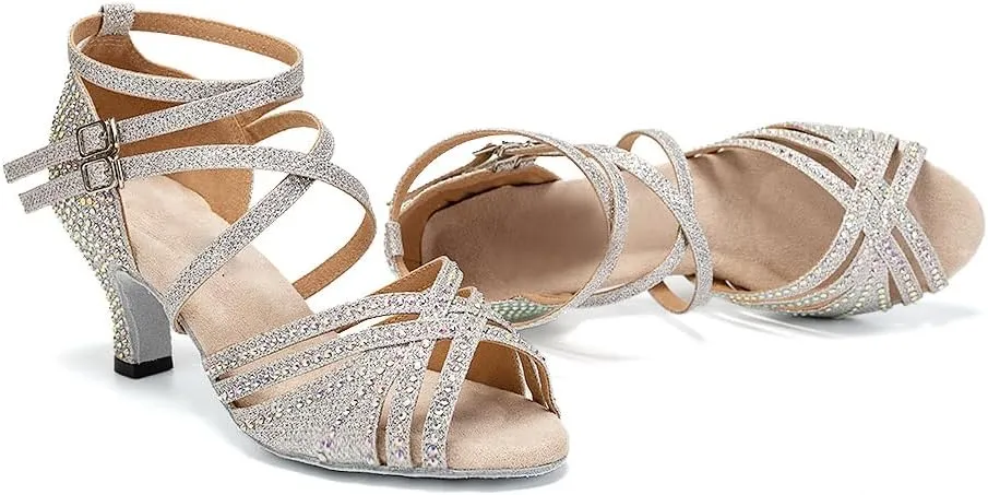 AOQUNFS Women Ballroom Dance Shoes Rhinestones Latin Salsa Practice Performance Dancing Shoes,Model D27-6cm