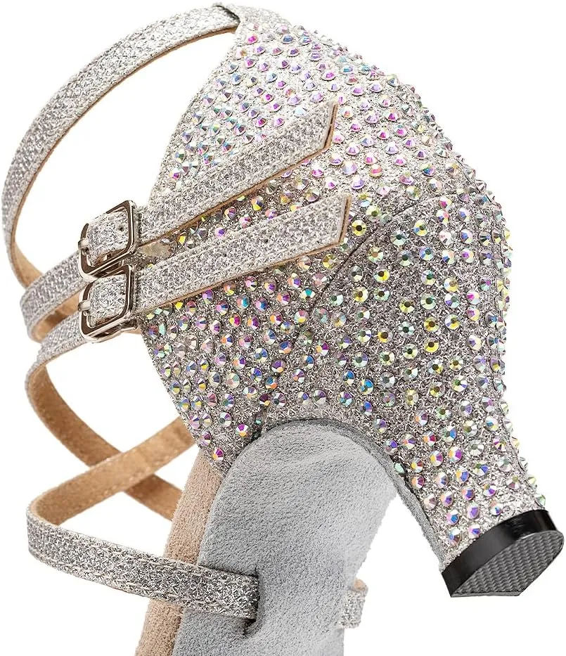 AOQUNFS Women Ballroom Dance Shoes Rhinestones Latin Salsa Practice Performance Dancing Shoes,Model D27-6cm