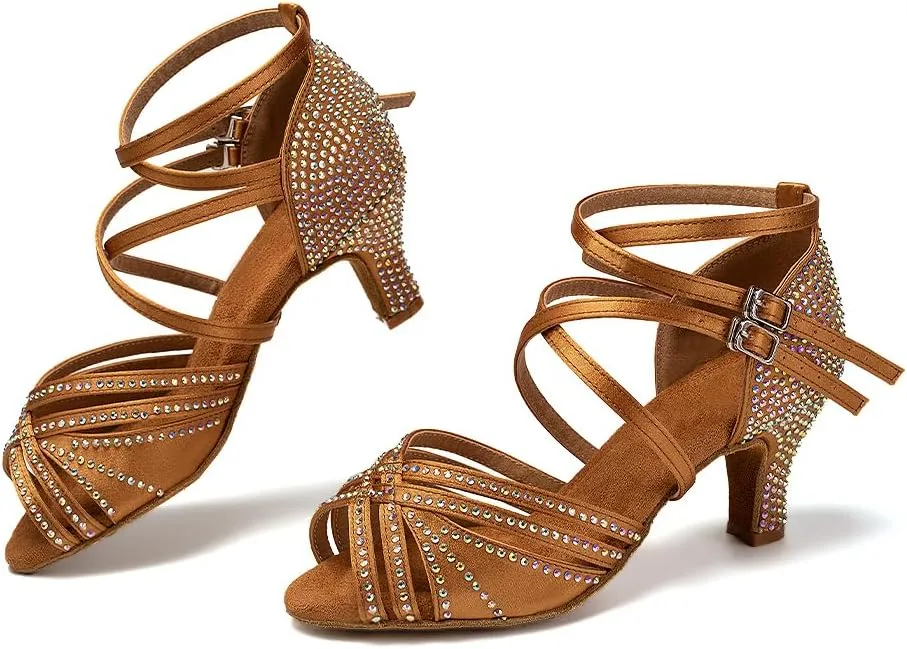 AOQUNFS Women Ballroom Dance Shoes Rhinestones Latin Salsa Practice Performance Dancing Shoes,Model D27-6cm