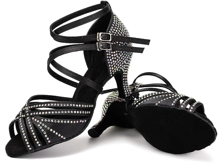 AOQUNFS Women Ballroom Dance Shoes Rhinestones Latin Salsa Practice Performance Dancing Shoes,Model D27-7.5cm