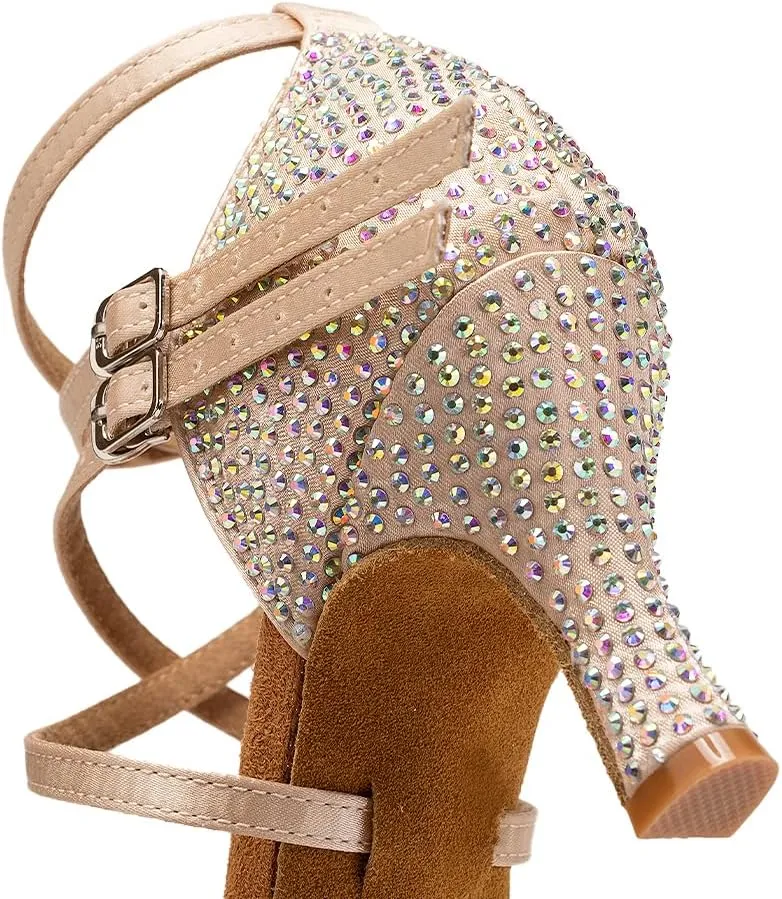AOQUNFS Women Ballroom Dance Shoes Rhinestones Latin Salsa Practice Performance Dancing Shoes,Model D27-7.5cm