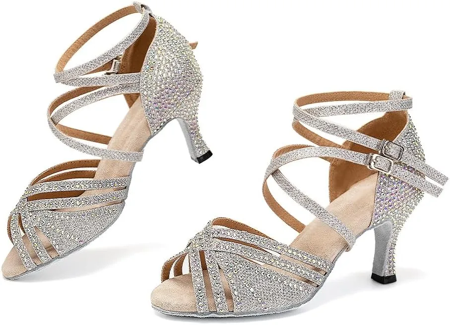 AOQUNFS Women Ballroom Dance Shoes Rhinestones Latin Salsa Practice Performance Dancing Shoes,Model D27-7.5cm