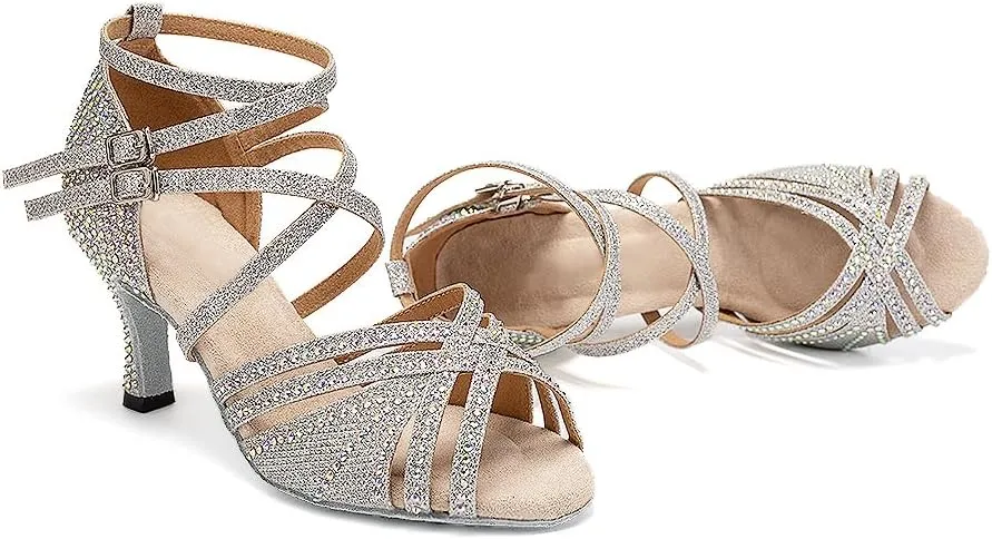 AOQUNFS Women Ballroom Dance Shoes Rhinestones Latin Salsa Practice Performance Dancing Shoes,Model D27-7.5cm