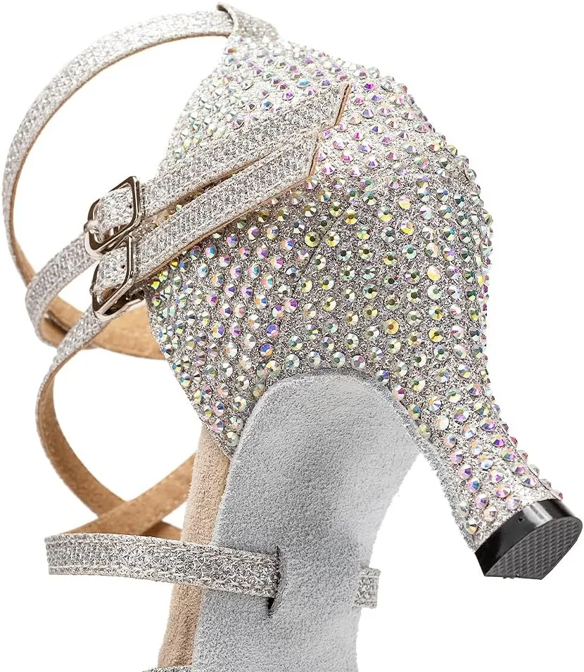 AOQUNFS Women Ballroom Dance Shoes Rhinestones Latin Salsa Practice Performance Dancing Shoes,Model D27-7.5cm