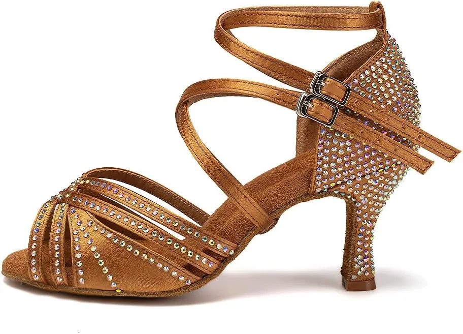 AOQUNFS Women Ballroom Dance Shoes Rhinestones Latin Salsa Practice Performance Dancing Shoes,Model D27-7.5cm