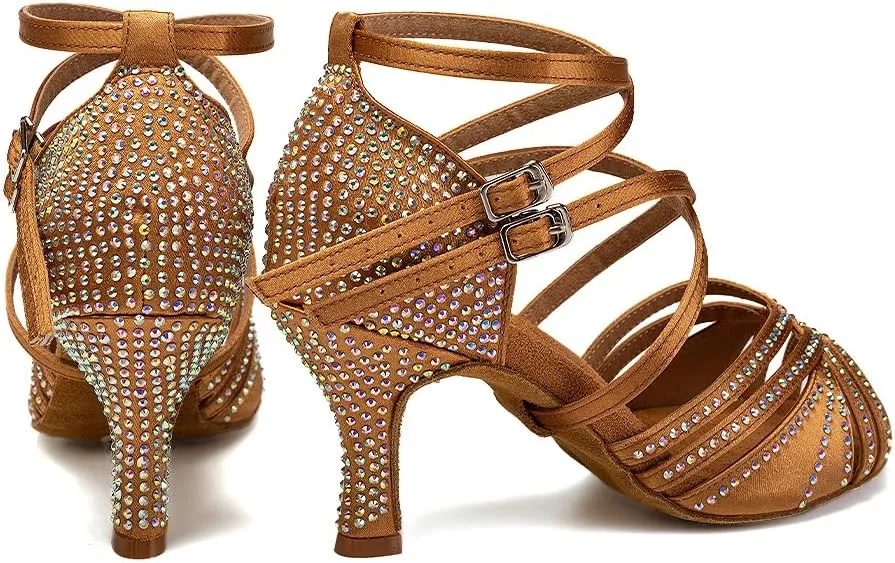 AOQUNFS Women Ballroom Dance Shoes Rhinestones Latin Salsa Practice Performance Dancing Shoes,Model D27-7.5cm