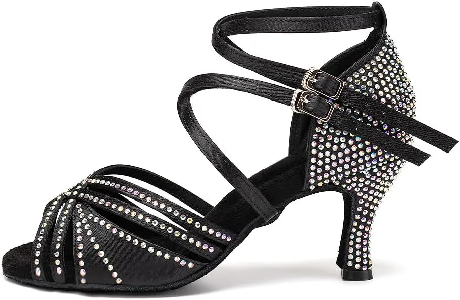 AOQUNFS Women Ballroom Dance Shoes Rhinestones Latin Salsa Practice Performance Dancing Shoes,Model D27-7.5cm