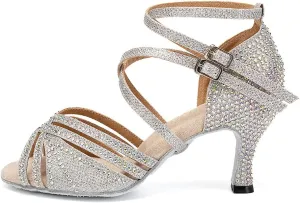 AOQUNFS Women Ballroom Dance Shoes Rhinestones Latin Salsa Practice Performance Dancing Shoes,Model D27-7.5cm