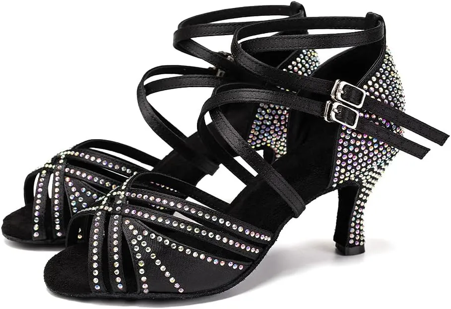 AOQUNFS Women Ballroom Dance Shoes Rhinestones Latin Salsa Practice Performance Dancing Shoes,Model D27-7.5cm